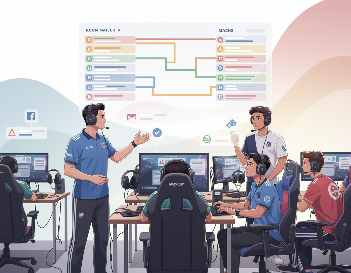 Ilustrasi kebiasaan captain briefing di liga lokal untuk turnamen game online kingplay88 dengan bracket dan room match